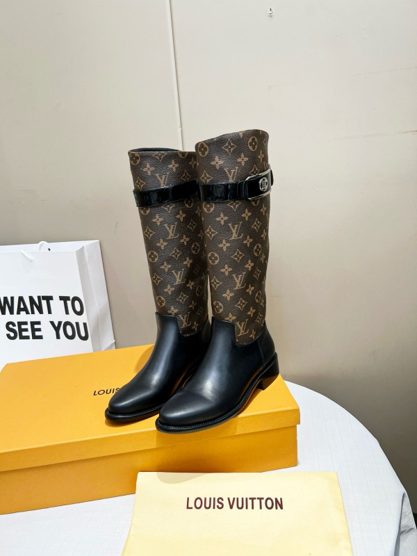 2024 Women Louis Vuitton Brown Black Leather Canvas Boots MJ00400