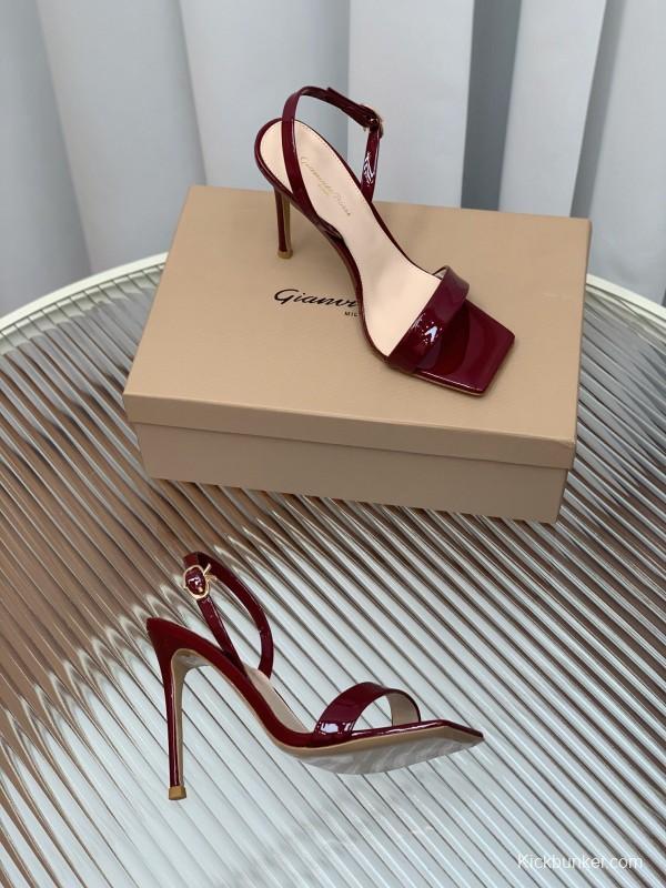 2025 Women Gianvito Rossi Burgundy Patent Leather High Heel Sandals