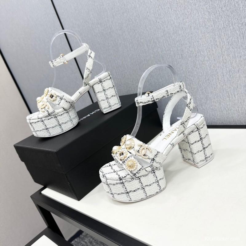2025 Women Chanel White Black Fabric Platform Sandals Pearl Embellishment