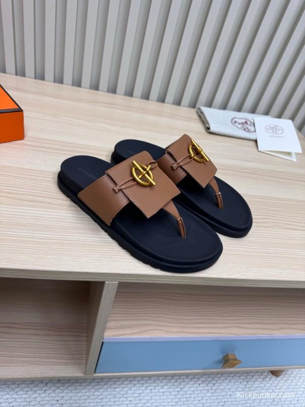 2025 Slippers Hermès Brown Black Leather Slippers