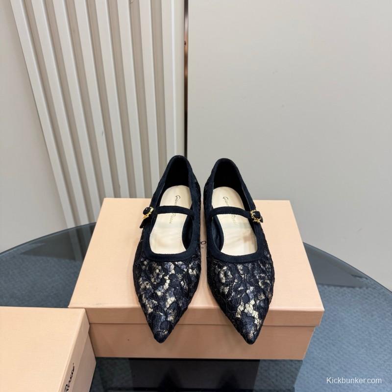 2025 Women Gianvito Rossi Black Lace Leather Mary Jane KFY00260