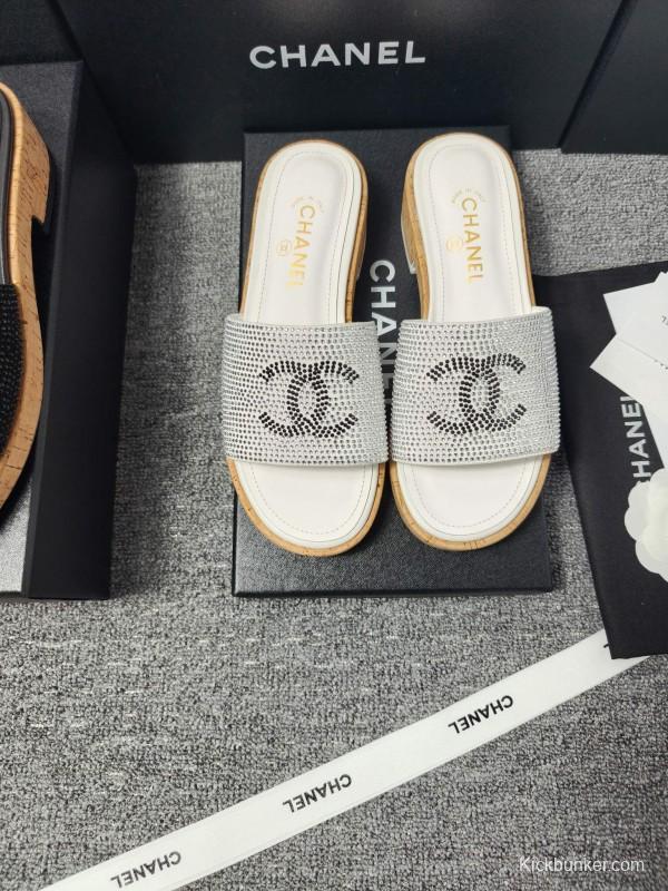 2025 CHANEL Silver Crystal Leather Slippers