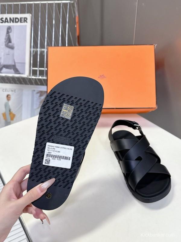 2025 Women Hermès Black Leather Sandals
