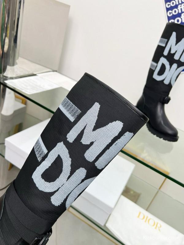 2024 Women Dior black leather knit fabric boots MJ00350