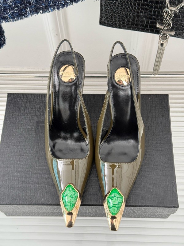 2024 Women Yves Saint Laurent Olive Green Gold Calf Leather Slingback Gemstone High Heels MJ00330