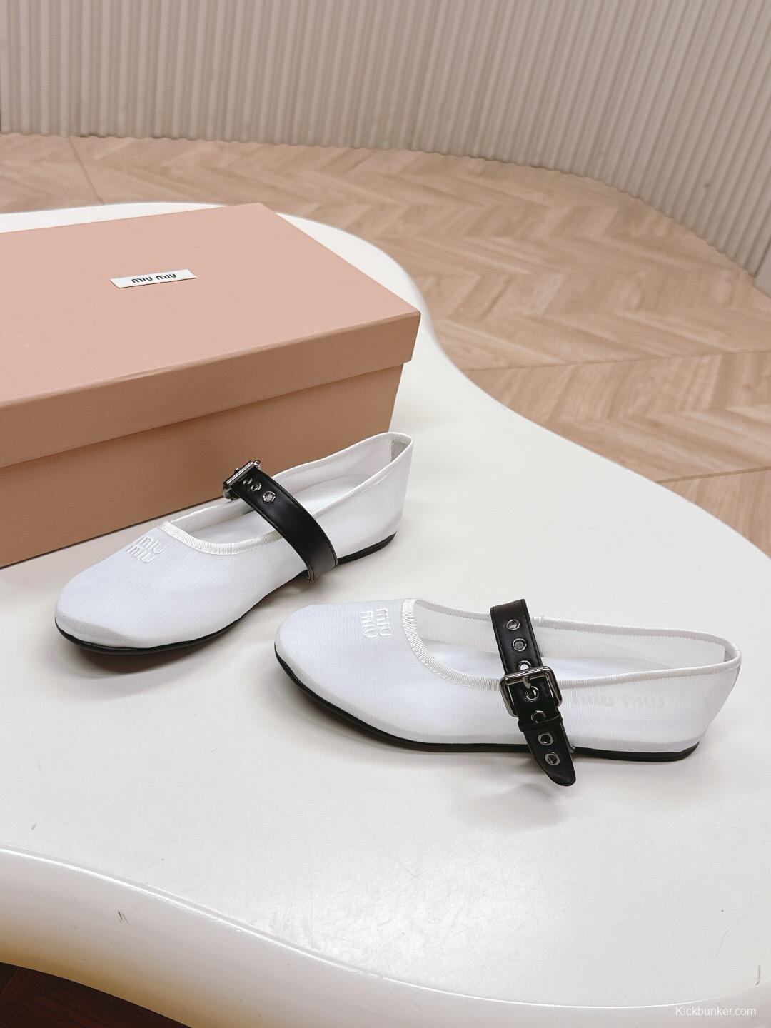 2025 Women Miu Miu White Black Mesh Leather Ballet Flats