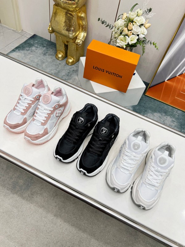 2025 Women Louis Vuitton White Pink Suede Mesh Sneakers LY00340