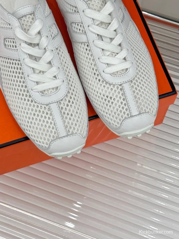 2025 Women Hermès White Mesh Leather Sneakers