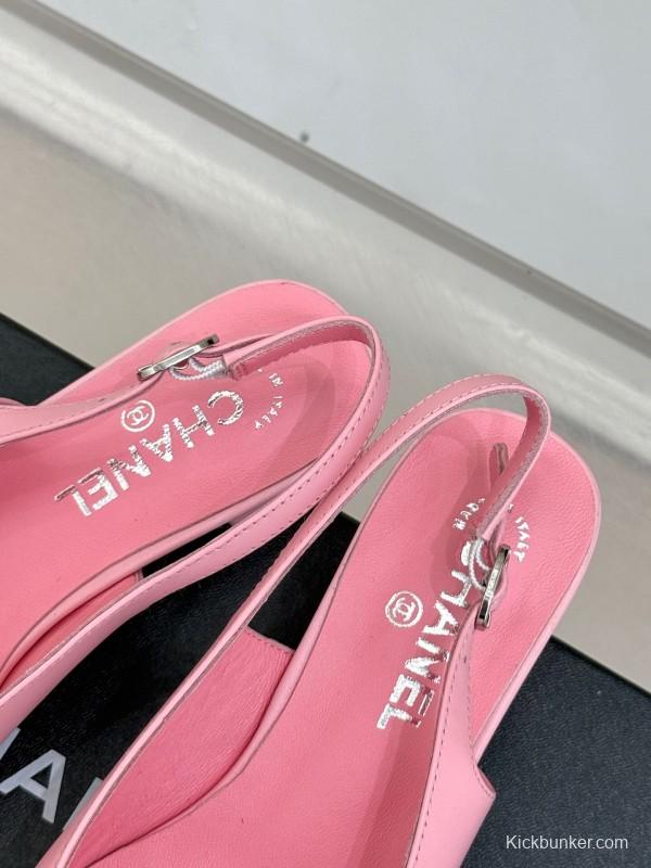 2025 Women Chanel Pink Black Leather Slingback Low Heel KFY00280
