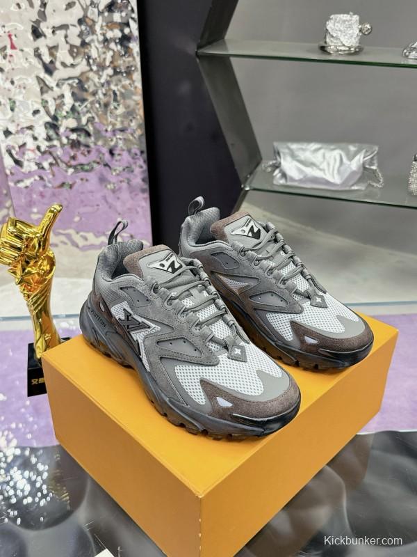 2025 Men Louis Vuitton Grey White Mesh Leather Sneakers MJ00420