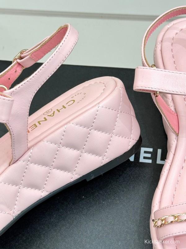 2025 Women Chanel Pink Lambskin Platform Sandals Chain Decoration