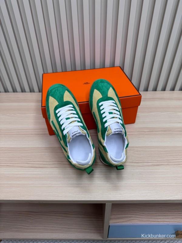 2025 Unisex Hermès Green Beige Suede Down Fabric Sneakers Top Version KFY00300