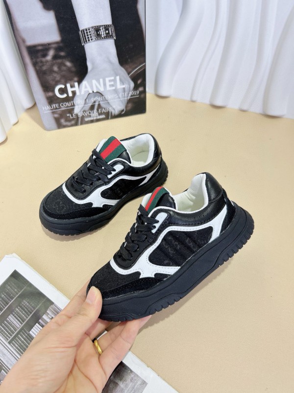2024 Kids CHANEL Black White Leather Sneakers