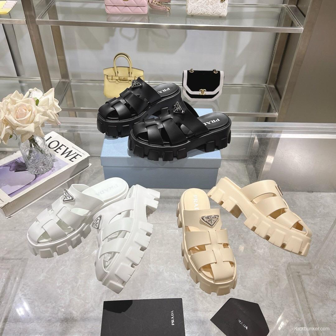 2025 Women Prada Black Leather Slingback Sandals LY00250