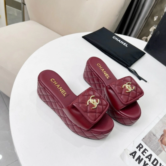 2025 Women Chanel Burgundy Leather Platform Sandals