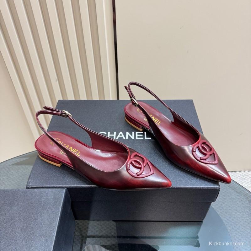 2025 Women Chanel Bordeaux Leather Slingback Sandals KFY00290