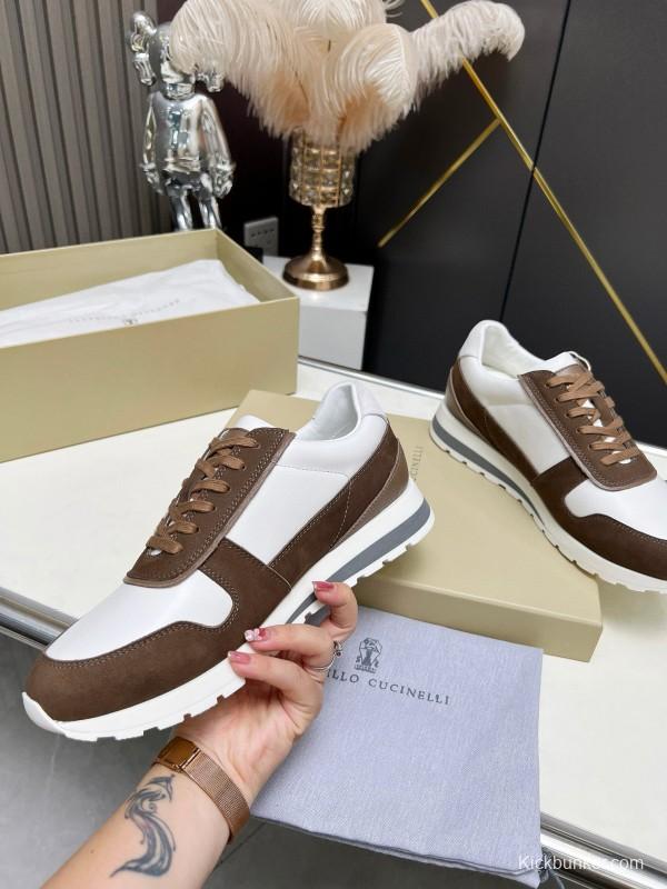 2024 Men Brunello Cucinelli White Brown Leather Suede Sneakers MJ00360