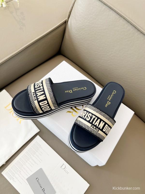 2025 Women Dior Navy White Canvas Platform Slippers LY