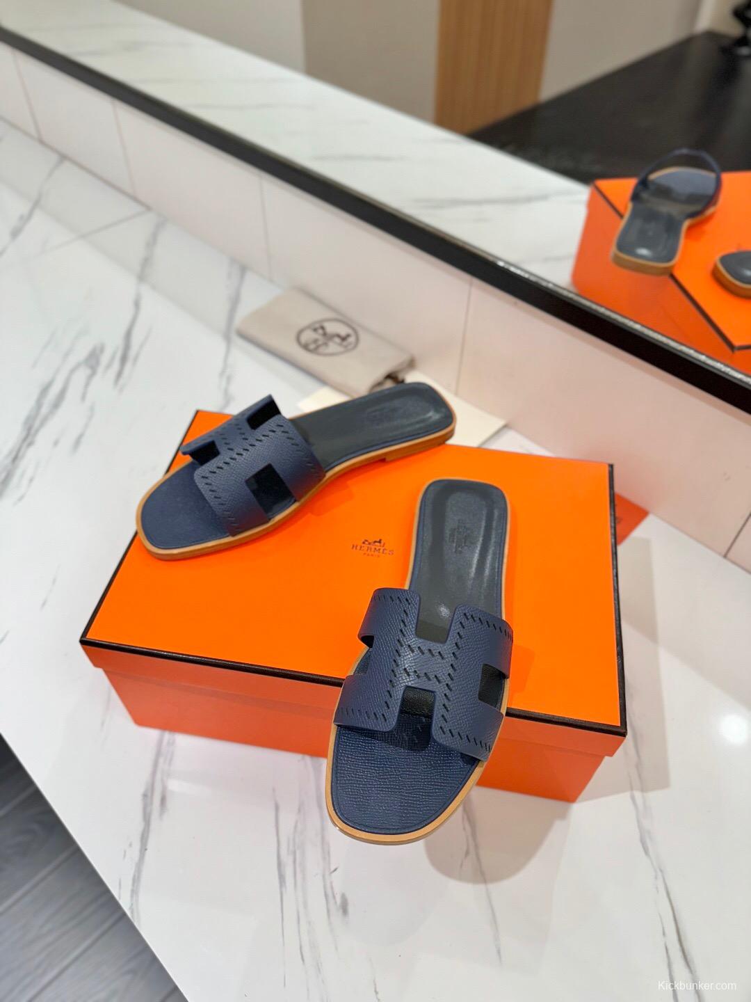 2025 Women Hermès Dark Blue Leather Slippers