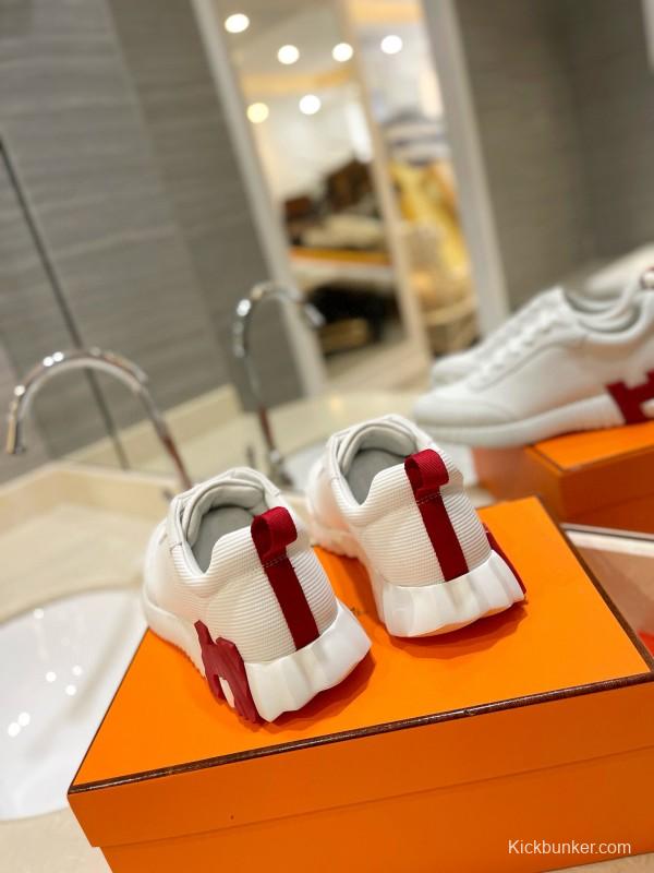 2024 Unisex Hermès White Red Silk Sheepskin Sneakers MJ00320