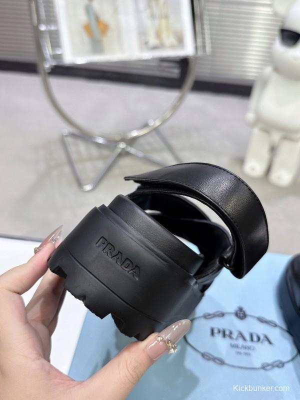 2025 Women Prada Black Leather Sandals