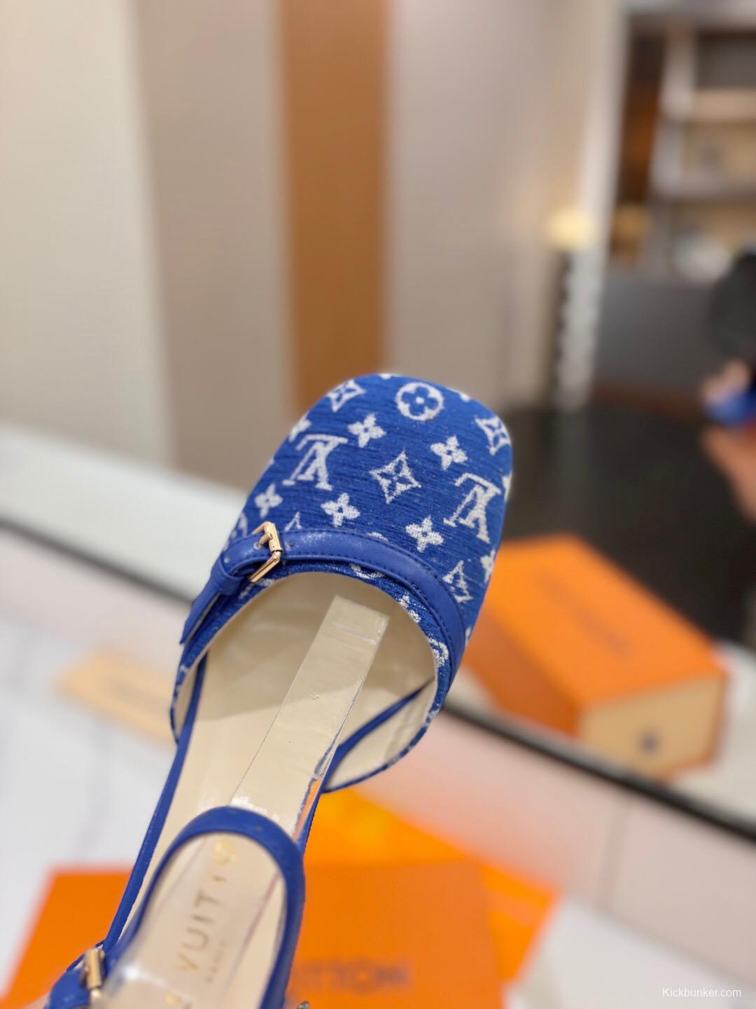 2025 Women Louis Vuitton Blue Denim Leather Heels KFY00310