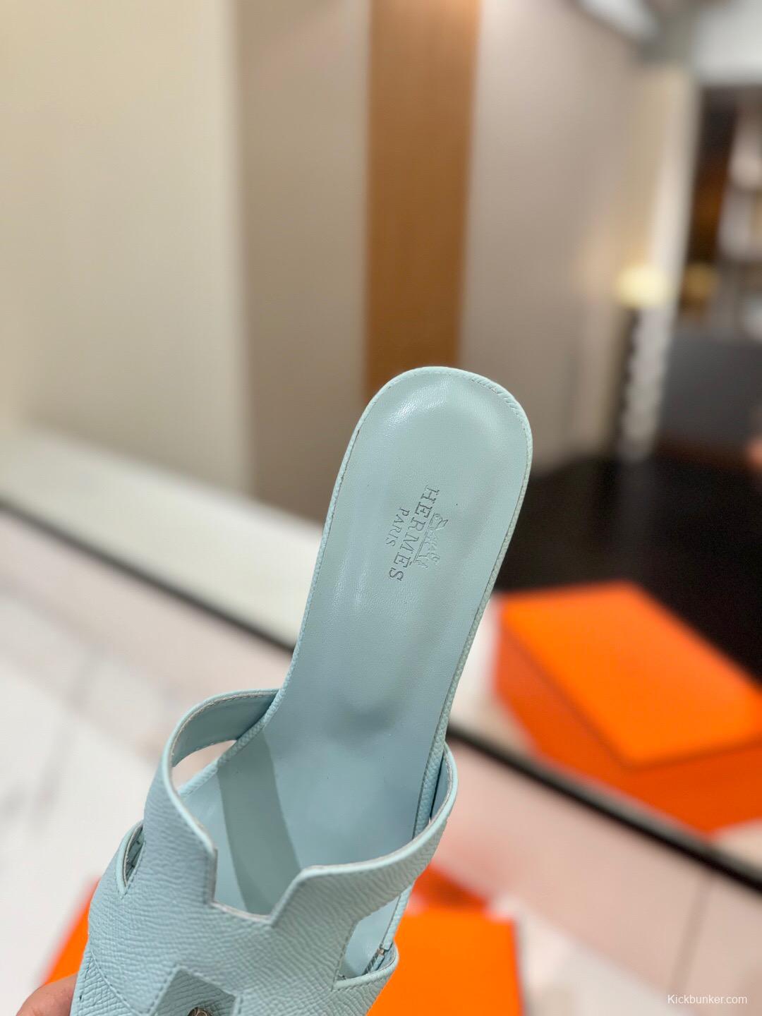 2025 Women Hermès Light Blue Leather Sandals