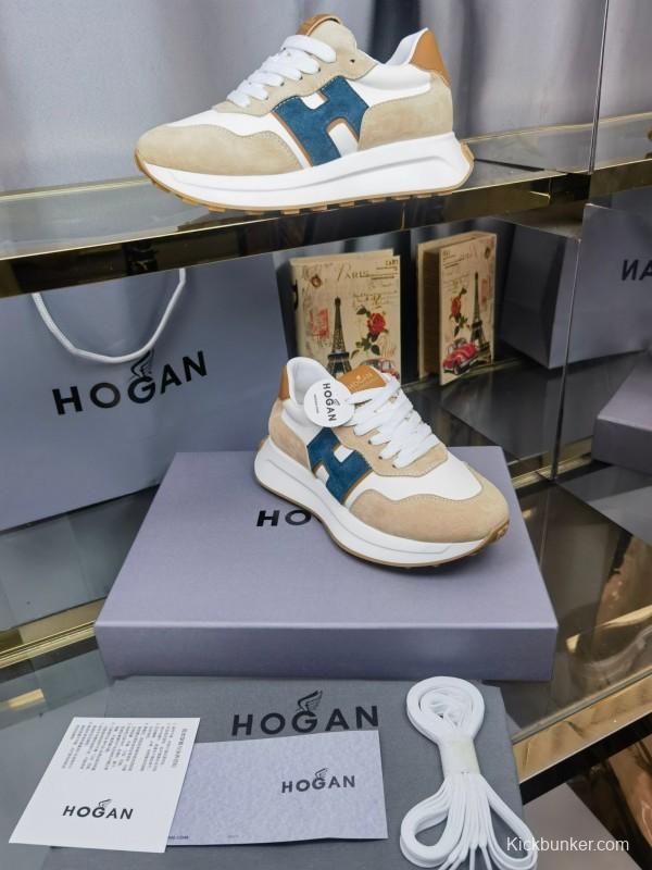 2025 Unisex HOGAN White Beige Blue Leather Suede Platform Sneakers H-STRIPES LY00360(F)/LY00370(M)