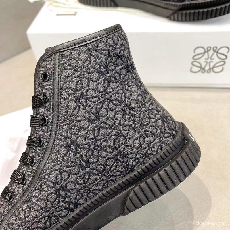 2025 Women Loewe Black Fabric Leather High-Top Sneakers LY00291