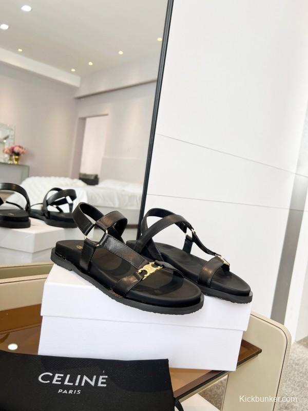 2025 Women Celine Black Leather Sandals LY00220