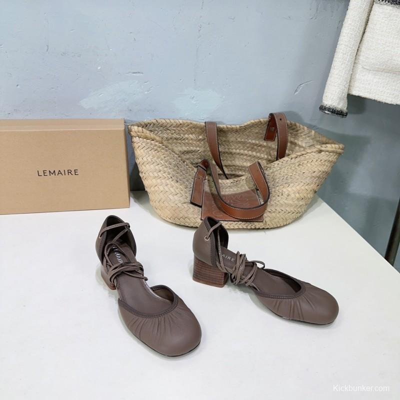 2025 Women LEMAIRE Brown Leather Mary Jane Lace-up Shoes