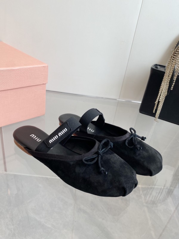 2025 Women Miu Miu Black Suede Ballet Flat Elastic Band Ballerina Slippers KFY00280