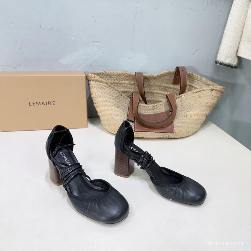 2025 Women LEMAIRE Black Leather Mary Jane Block Heel KFY00300