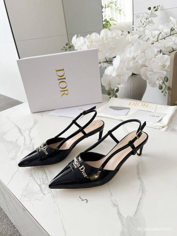 2025 Women Dior Black Patent Leather Slingback Heels KFY00310