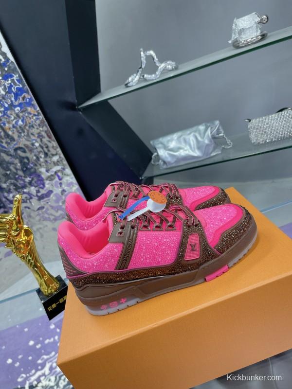 2025 Unisex Louis Vuitton Pink Brown Leather Canvas Plimsolls Handcrafted Crystals AS00400