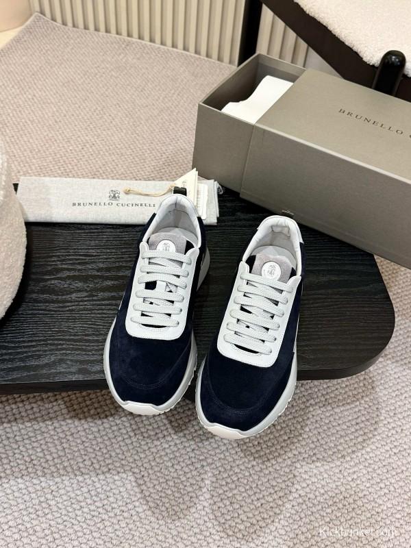 2025 Men Brunello Cucinelli Black White Blue Suede Sneakers AS00320