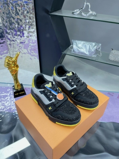 2025 Unisex Louis Vuitton Black Grey Yellow Leather Fabric Plimsolls Handcrafted Rhinestone AS00400