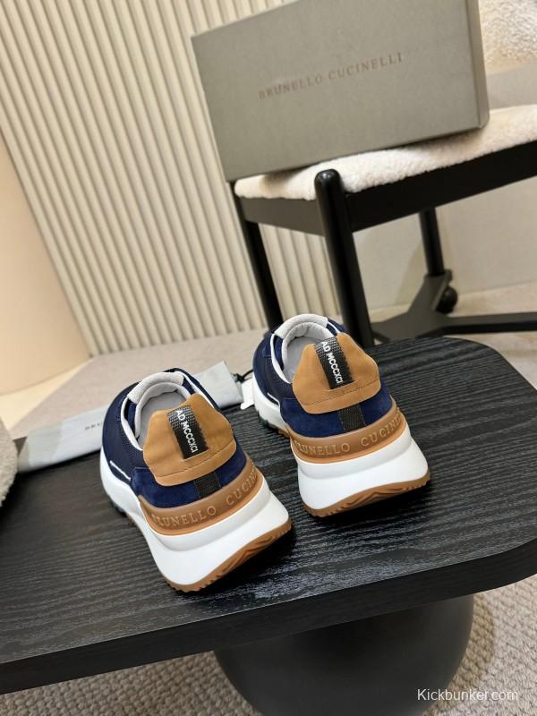 2025 Men Brunello Cucinelli Navy White Brown Calfskin Leather Sneakers AS00320