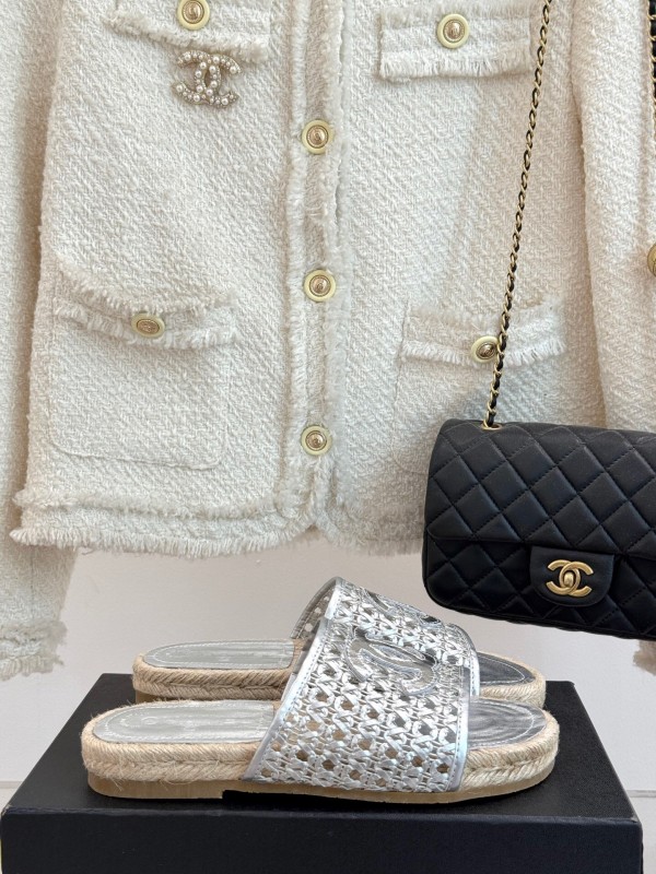 2025 Women Chanel Silver Leather Woven Fisherman Slippers KFY00240