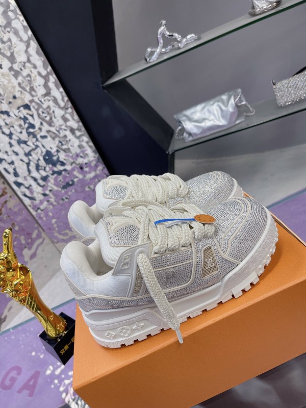 2025 Unisex Louis Vuitton White Crystal Leather Plimsolls Bing Bing AS00420