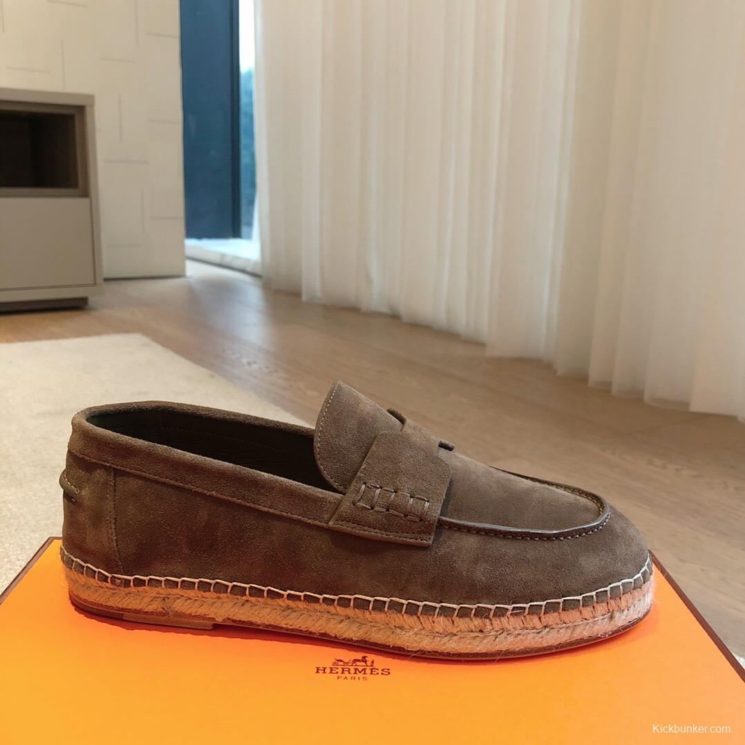 2025 Unisex Hermès Brown Suede Leather Loafers AS00380