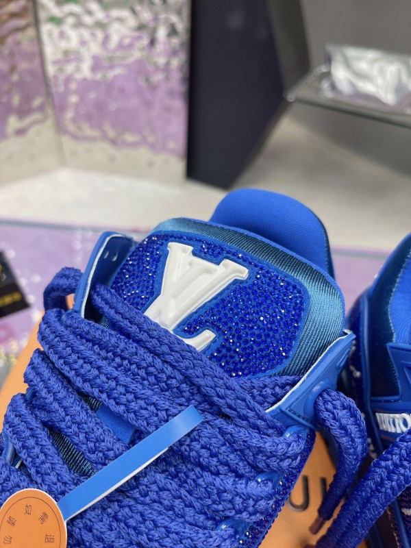 2025 Women Louis Vuitton Blue Crystal Trainer Original Custom Bing Bing Luxury Crystal Rhinestone High Temperature Hot Pressing TPU Sole AS00420
