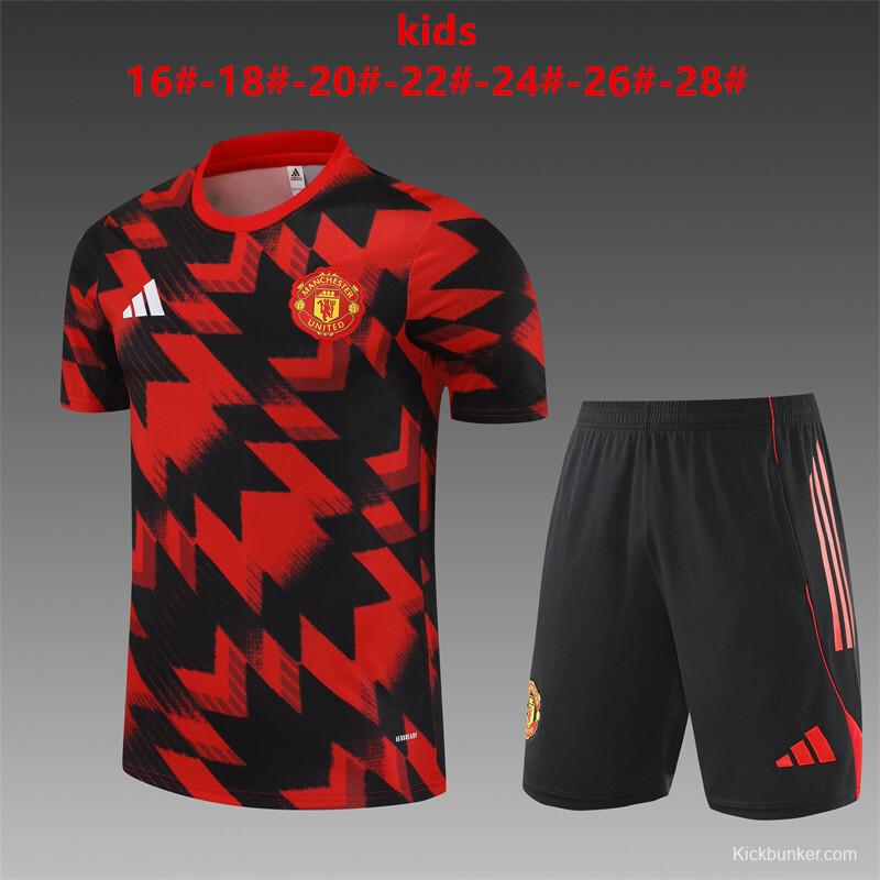 25/26 Kids Manchester United Red Black Camouflage Short Sleeve Jersey+Shorts