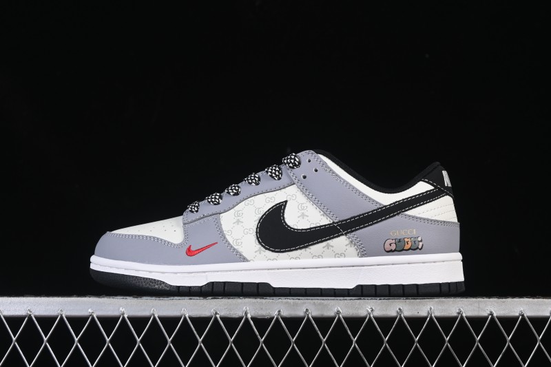 Nike SB Dunk Low Gucci Collaboration Light Grey Black Swoosh Anniversary Custom Low-Top Skateboarding Shoes - CS1688-134