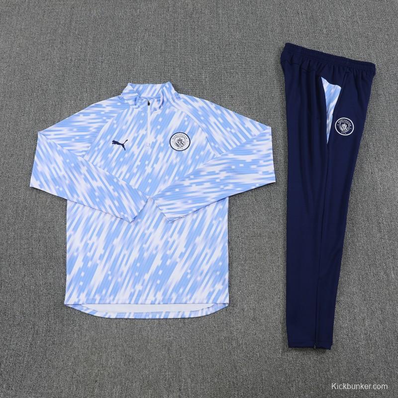 25/26 Manchester City White with Sky Blue Diagonal Stripes Half Zipper Jacket Tracksuit +Long Pants