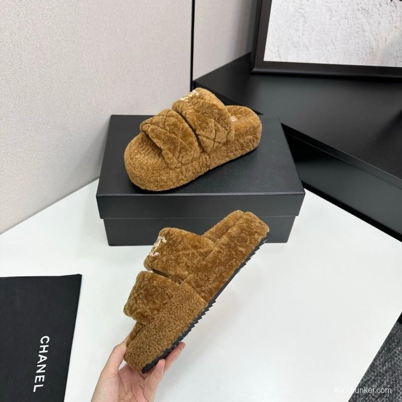 Chanel 2025 SS New Autumn Winter Lazy Sheep Genuine Wool Lazy Slippers Chanel Quilted Thick Sole Fur Slides - LY00300