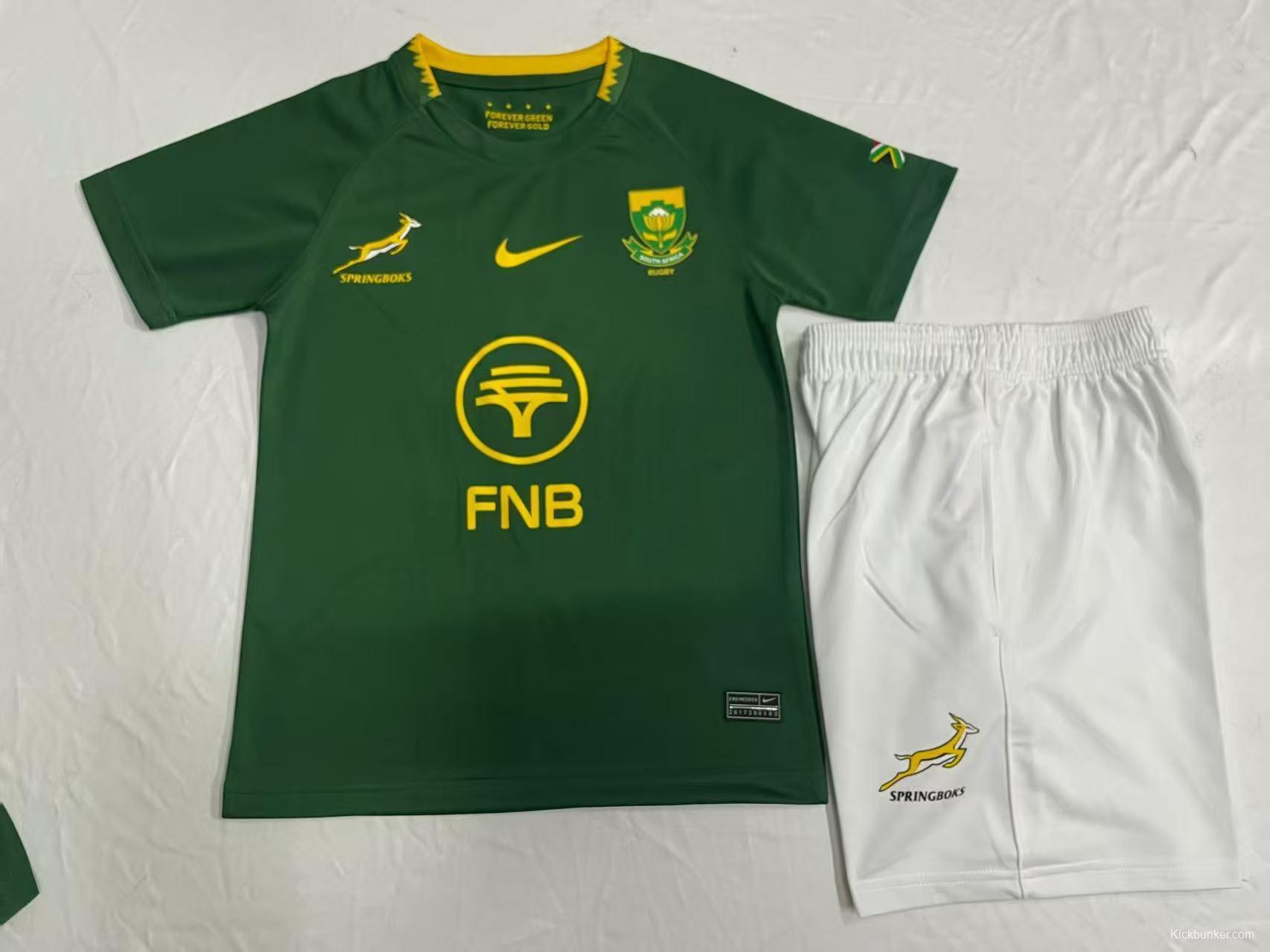 2026 Kids South Africa Home Springboks Green with Gold Trim Rugby Jersey