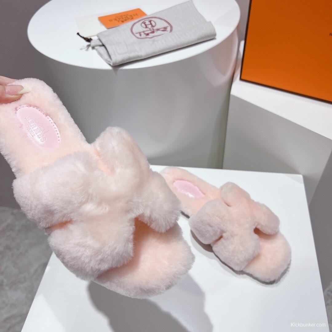 Hermès Teddy Wool H Slippers Flat Sole Fur Slides - LY00240