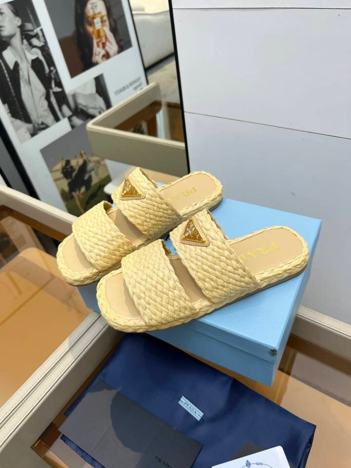 Prada 2025 SS Raffia Handwoven Open-Toe Sandals - KFY00260