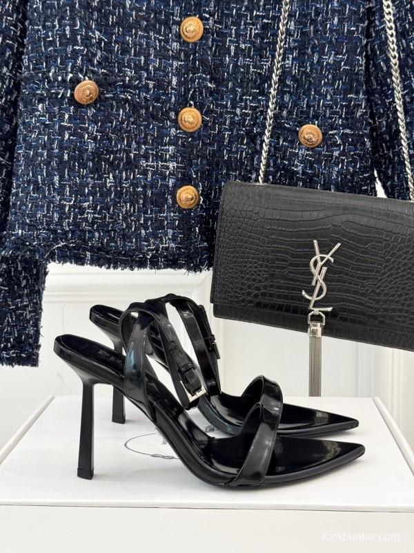 Prada 2025 SS Triangular Buckle Pointed Toe High Heel Sandals - KFY00280